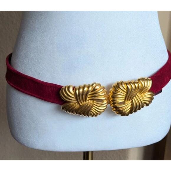 Vtg Carlisle Red Suede leather belt gold tone buckle Women M 80s 90s Art Deco main image 6
